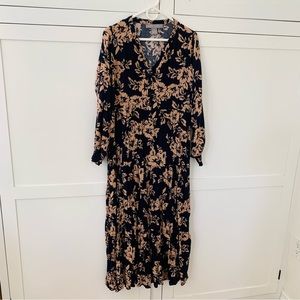 Lark + Gray Navy Blue/Pink Floral Long Sleeve Maxi Dress Size XL